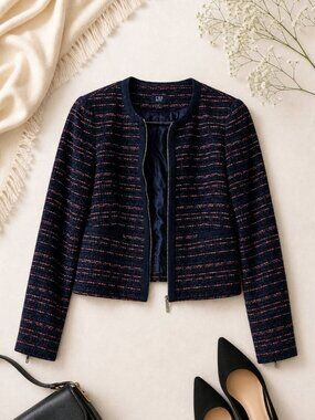 Tommy Hilfiger Tweed Jacket Navy Red Zip Front Blazer Sz 2